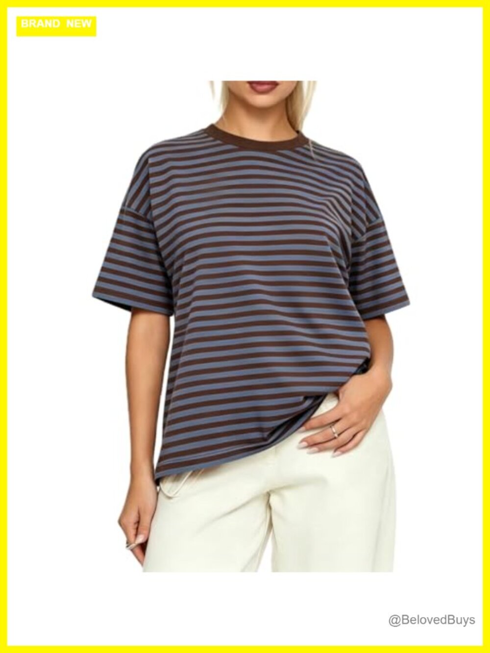 Oversized Striped Short Sleeve Crewneck Drop Shoulder T-Shirt Loose Fit Boxy Tee
